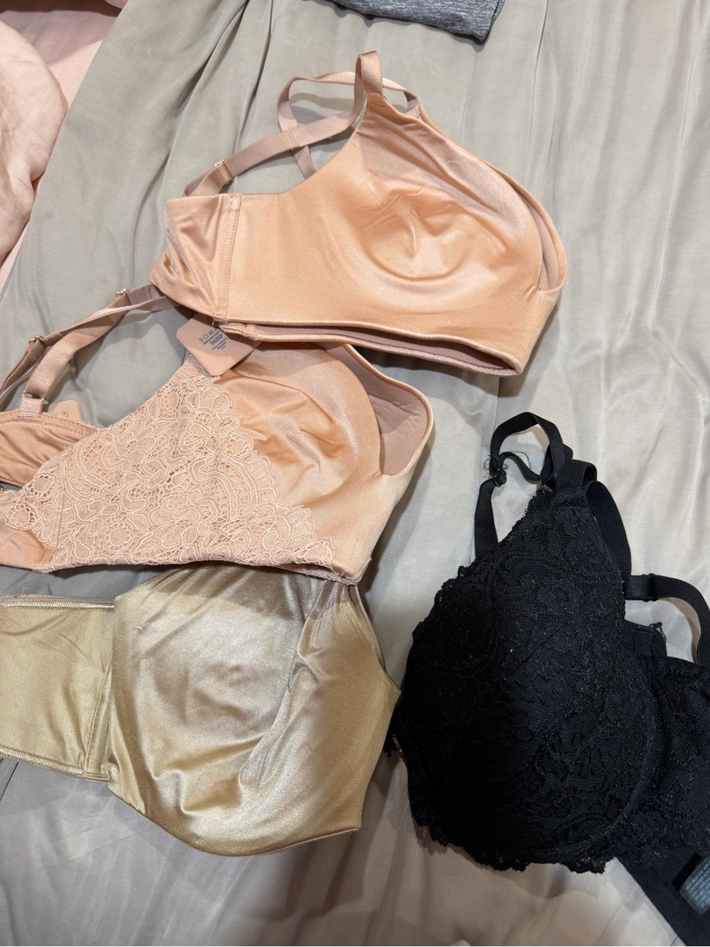 Women’s Lace & Satin Bralette Set - Peach, Gold & Black 36DD